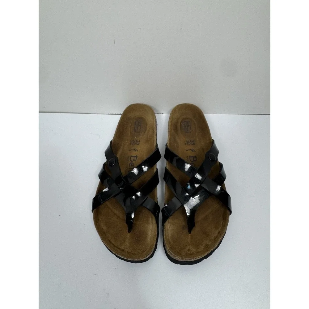 Betula by Birkenstock Vinja Black Patent Strappy Sandals Soft Footbed 37